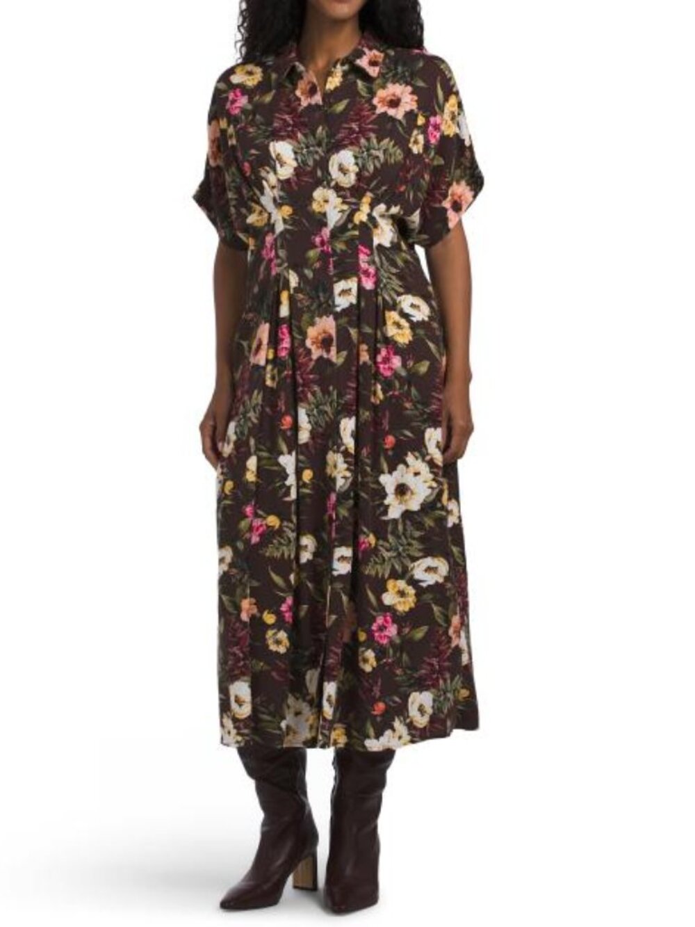 NICOLE MILLER Linen Blend Floral Printed Pintuck Dress